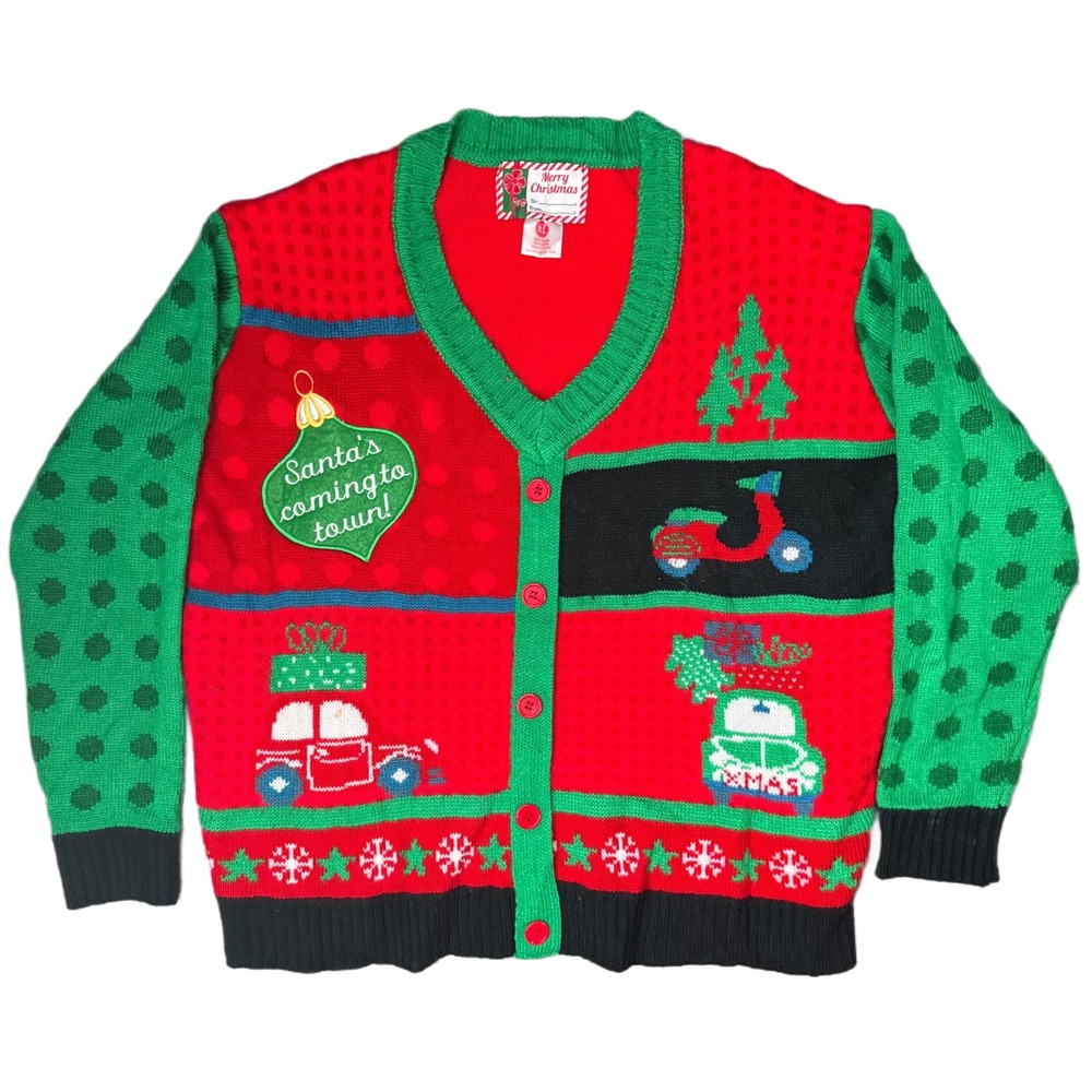 XL Ugly Christmas Sweater Cardigan‎ Red Green Santa Truck Scooter Holiday Knit